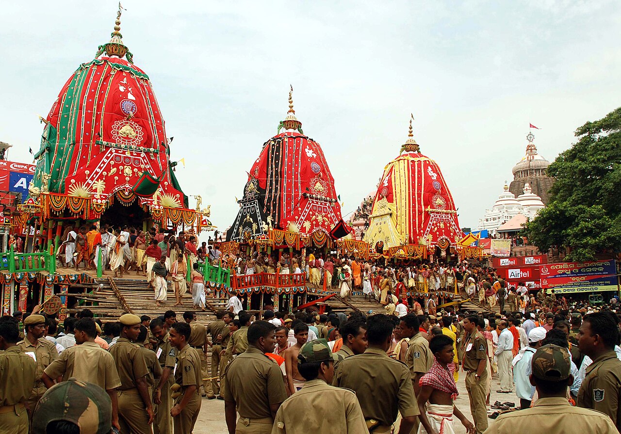 The chariots of Lord Jagannath, Lord Balabhadra and Devi Subhadra amid the sea of devotees on Bada Danda during Rath Yatra