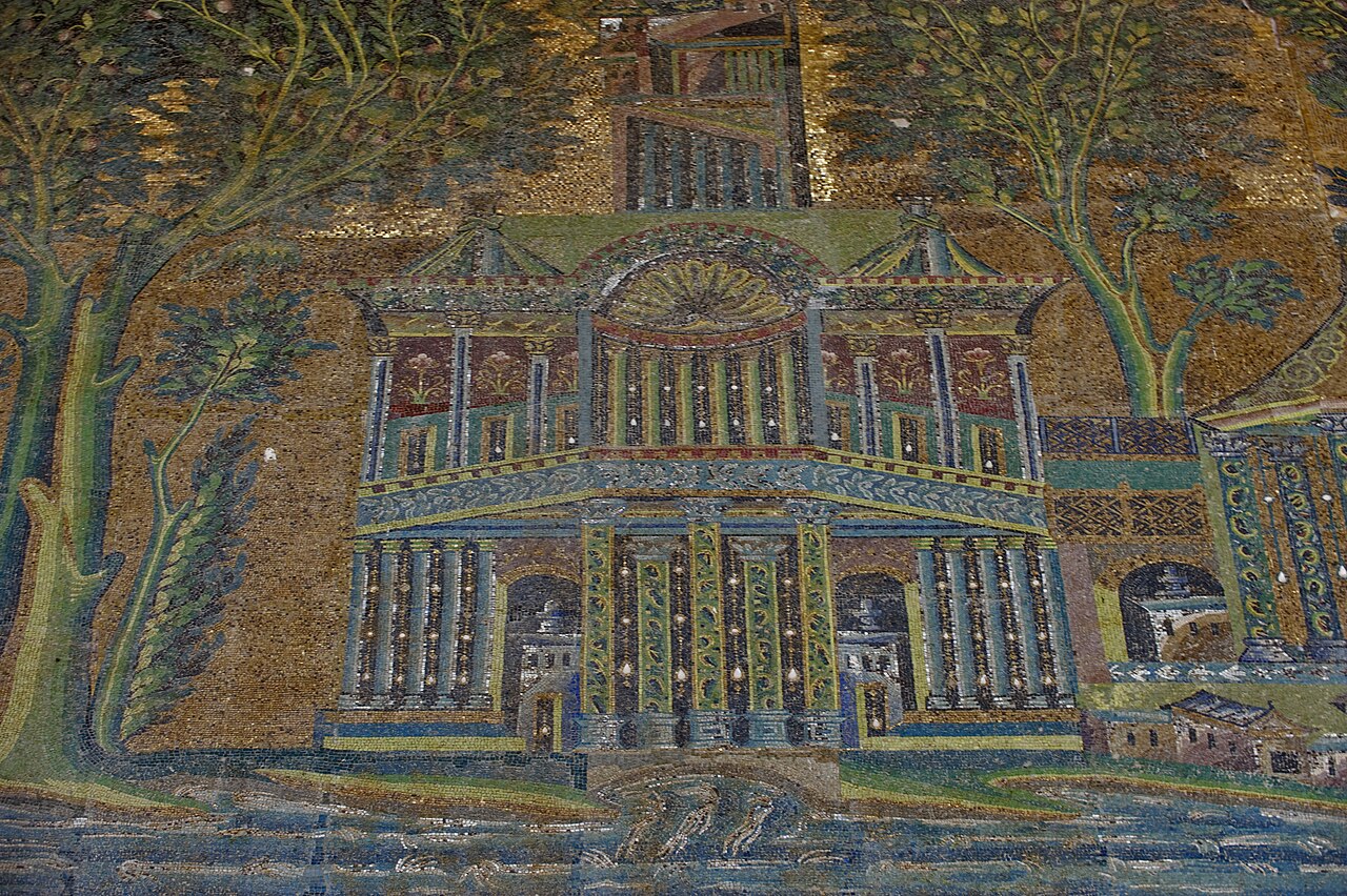 The Barada Panel, golden Umayyad mosaics of rivers and pavilions along the western portico