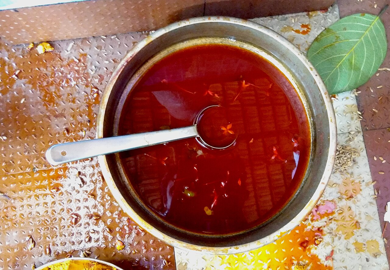 The crimson Guruthy offering prepared at the Keezhkkavu shrine of Maa Bhadrakali, Chottanikkara