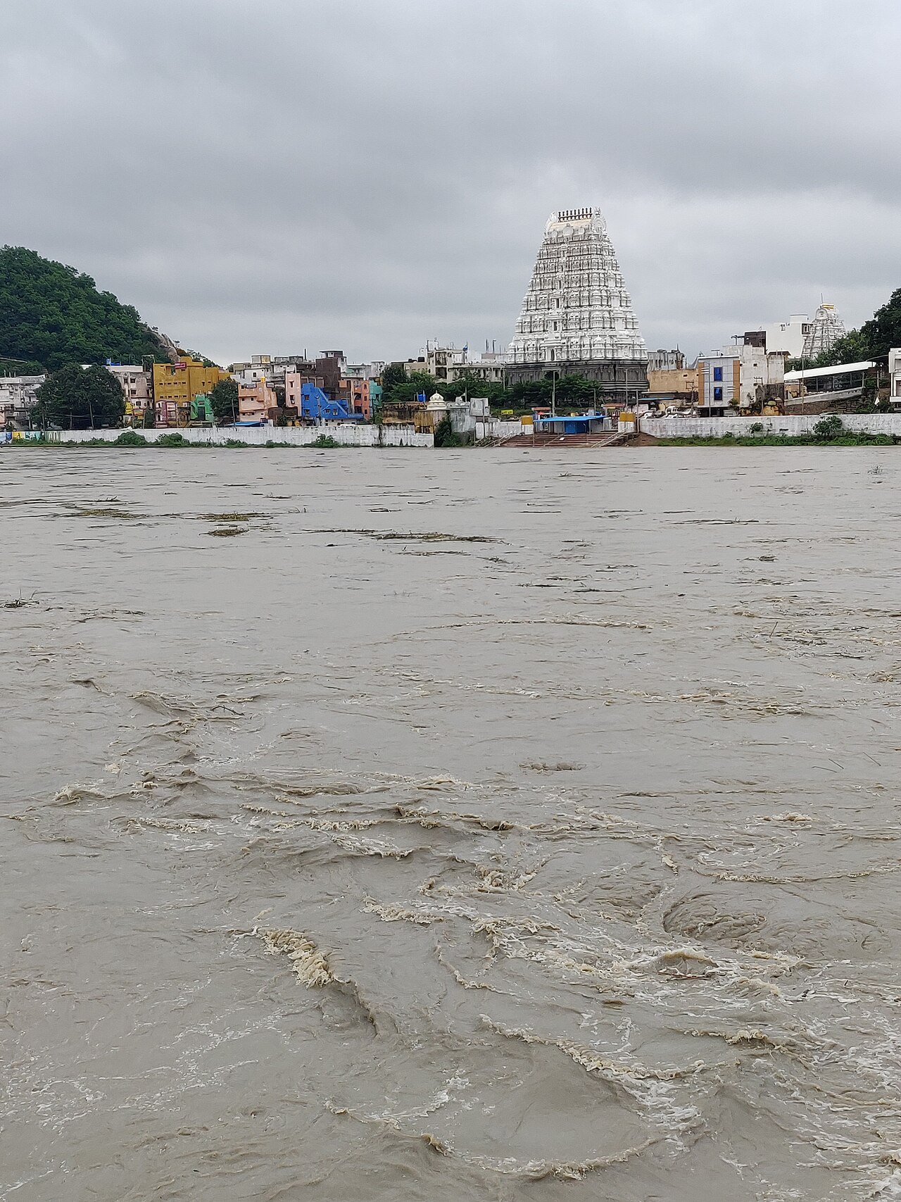 The Swarnamukhi river below the tall gopuram at Srikalahasti