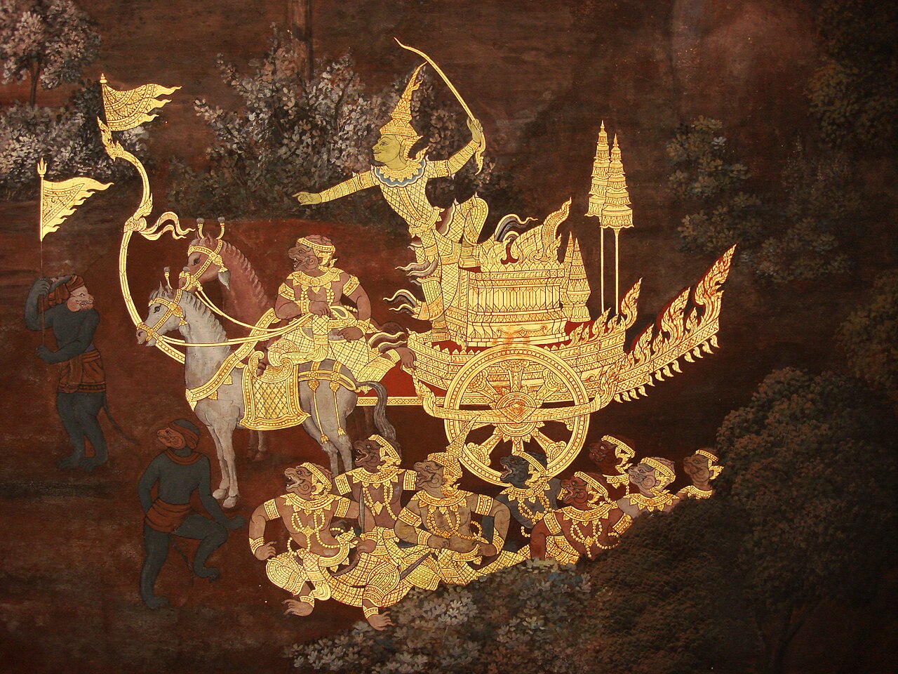 A Ramakien mural in the cloister of Wat Phra Kaew: a golden chariot and monkey soldiers in gold leaf on dark lacquer