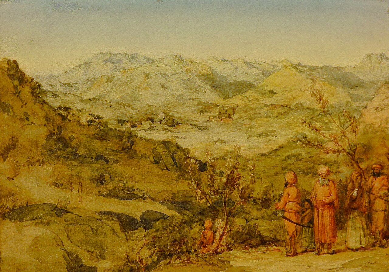 Pilgrims on the forested path to the Dilwara Temples in an 1851 painting