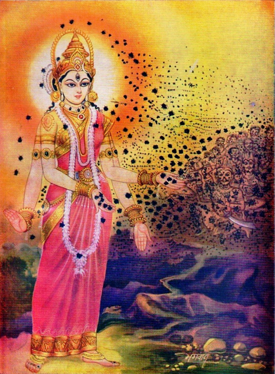 A painted image Of Maa Bhramari Devi, bees rising about Her form