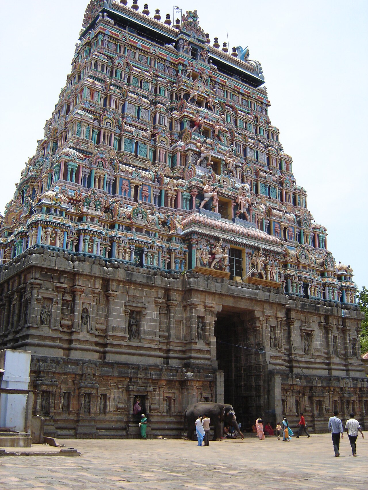 The east gopuram of the Nataraja Temple with the Temple elephant and pilgrims at its gate