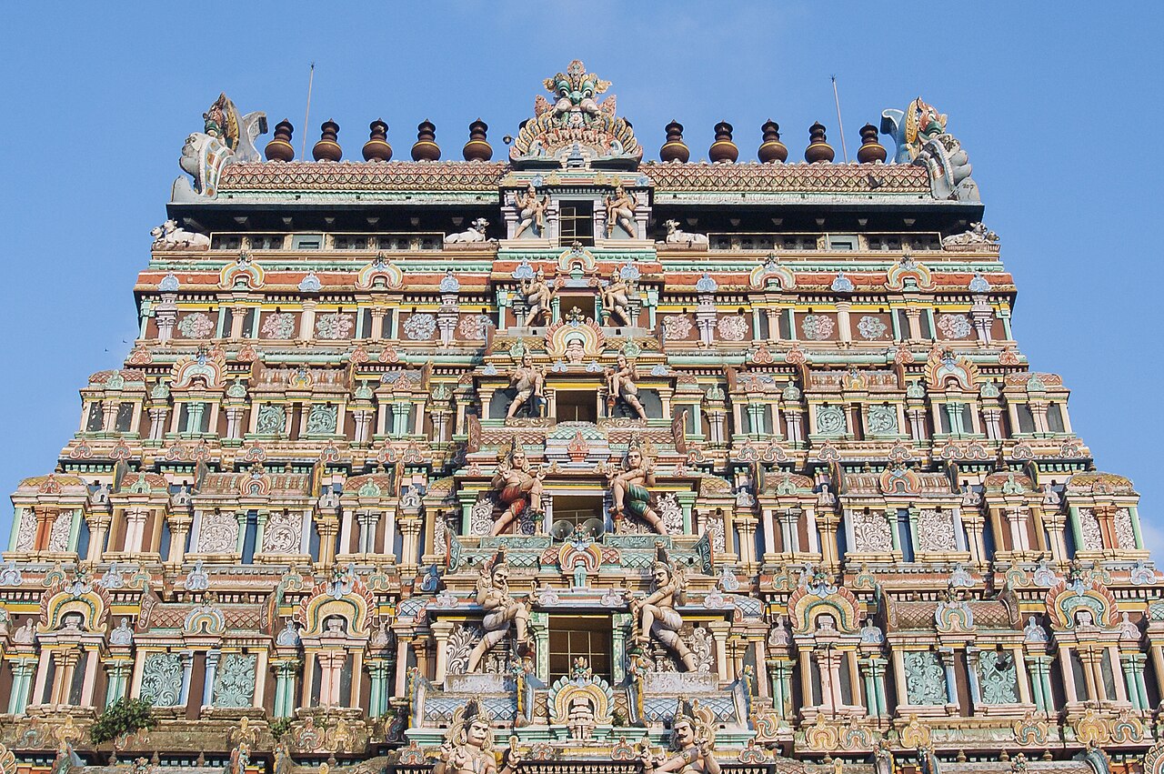 Tiers of painted stucco deities on a gopuram of the Nataraja Temple, Chidambaram