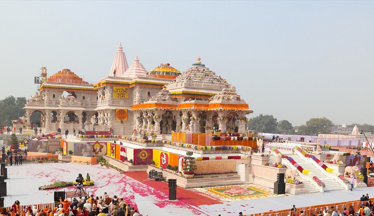 The mandir dressed in flowers and marigold on the day of the Pran Pratishtha of Ram Lalla, 22 January 2024