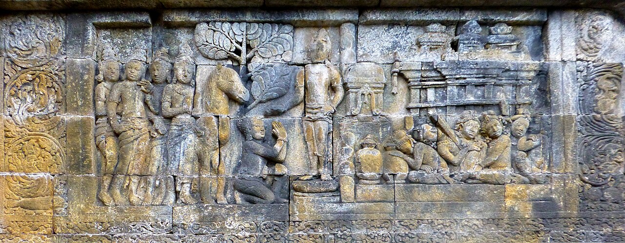 Lalitavistara relief panel at Borobudur showing prince Siddhartha leaving the palace