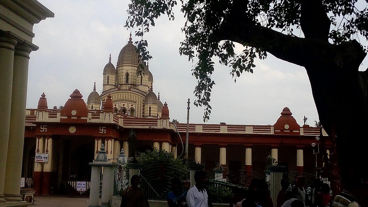 The nine spires of the Temple Of Maa Bhavatarini rising above the red colonnade of the inner courtyard at Dakshineswar