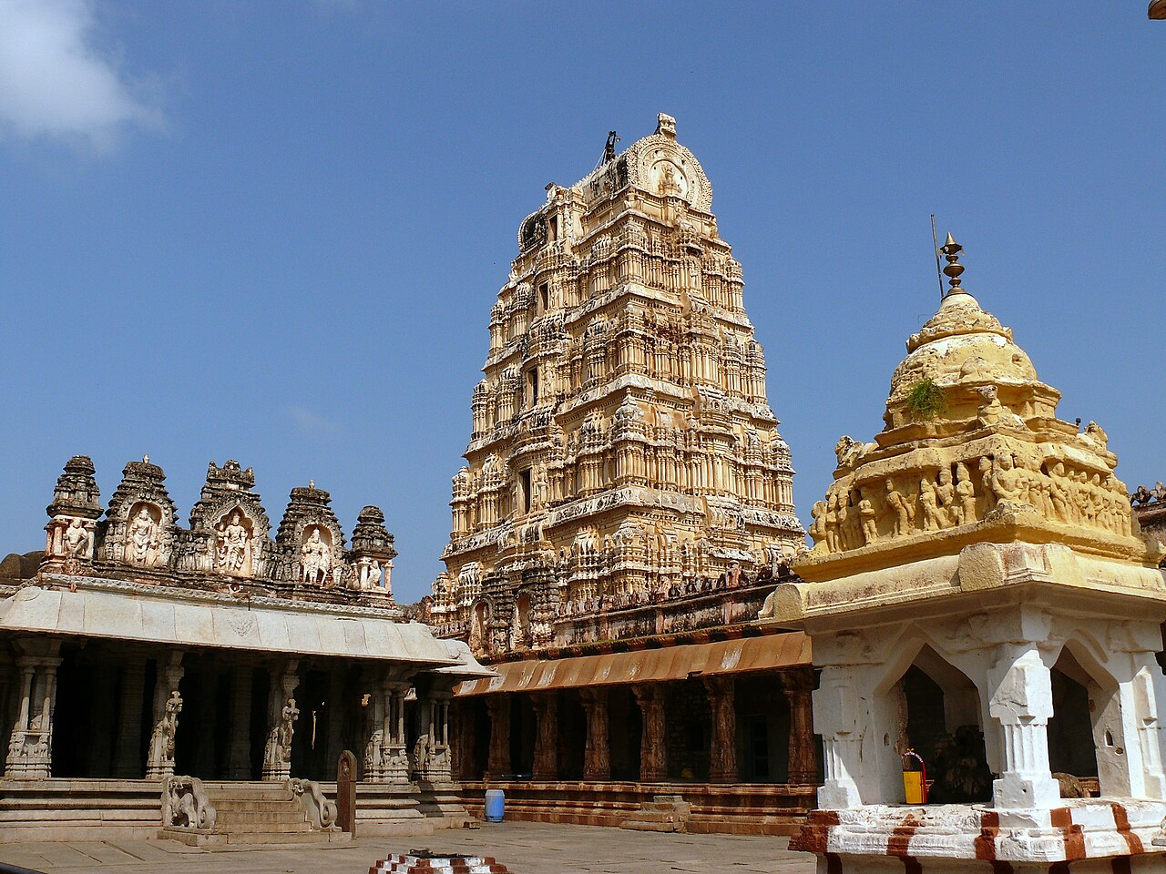 The inner courtyard of Virupaksha Temple, Hampi, with its pillared cloisters and inner gopuram