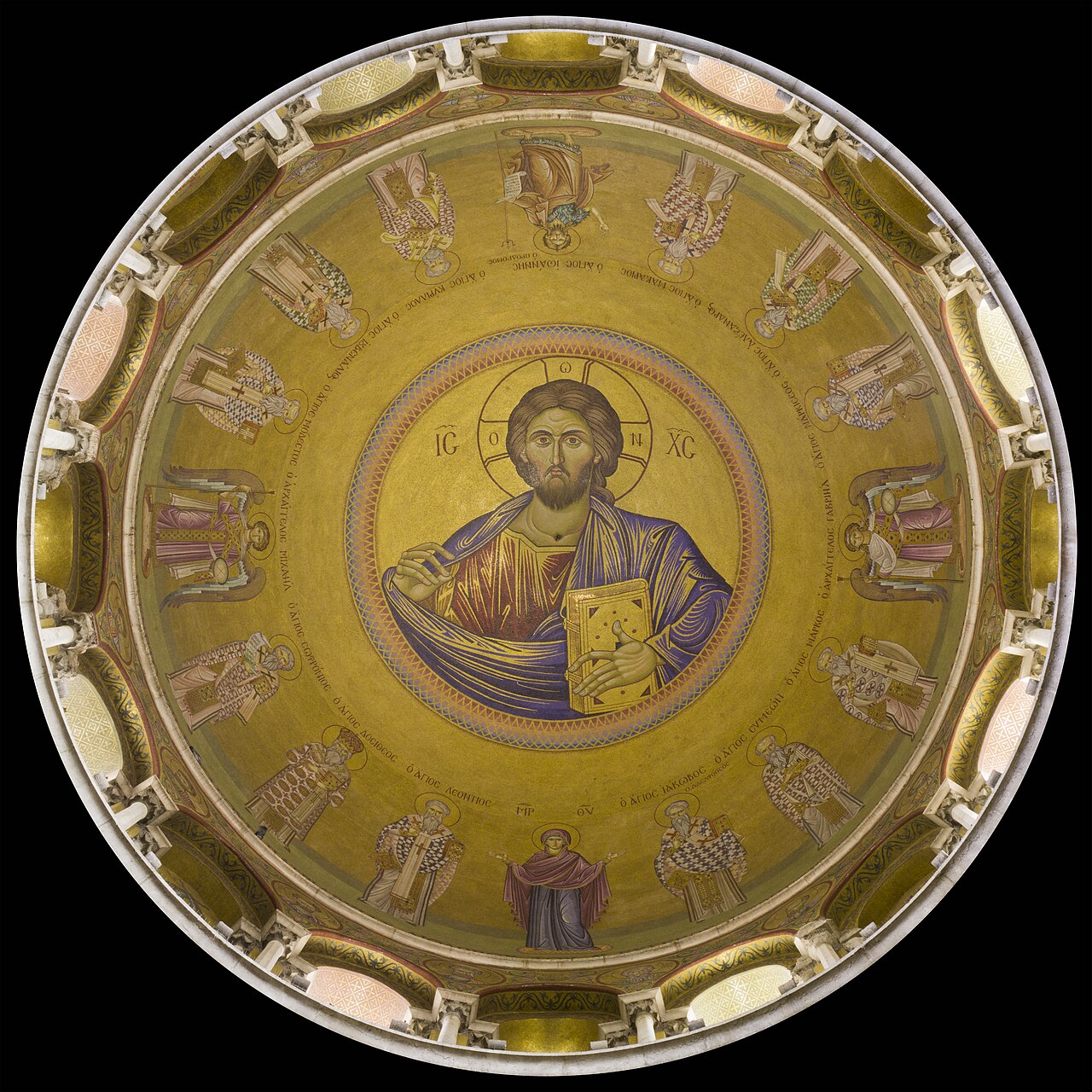Christ Pantocrator in the mosaic dome of the Catholicon, seen from directly below
