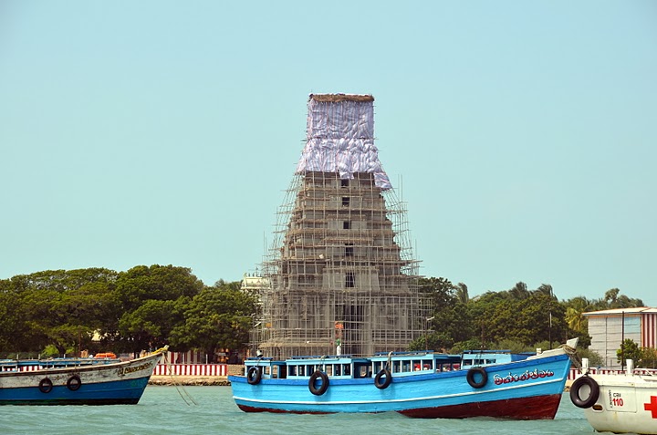 A gopuram of the Temple Of Maa Nagapooshani rising over Nainativu