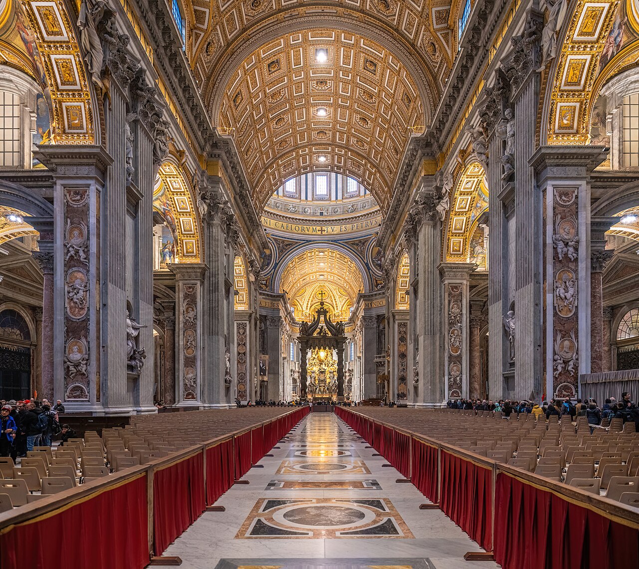 The high altar of St. Peter's Basilica beneath Bernini's bronze baldachin, lit low under Michelangelo's dome