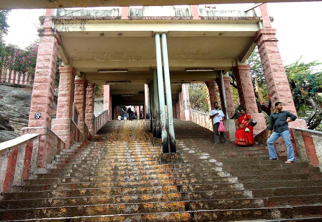 Pilgrims on the turmeric-stained stone steps that climb Palani hill to the Temple