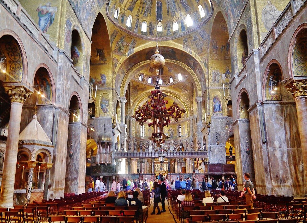 The gold mosaic vaults of the nave of St. Mark's Basilica, looking east toward the high altar
