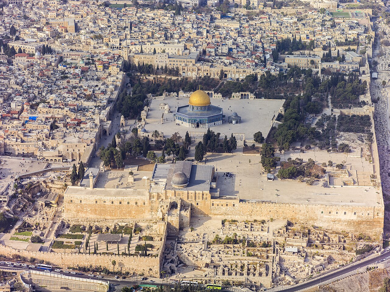 The Dome of the Rock on its raised platform at the centre of the Al-Aqsa compound, seen from the air