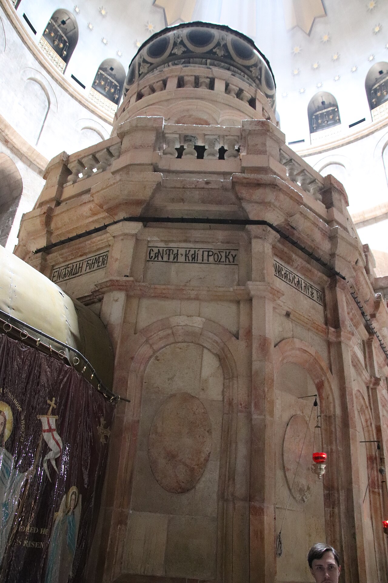 The restored Aedicule, the marble shrine over the tomb of Christ, beneath the rotunda of the Holy Sepulchre